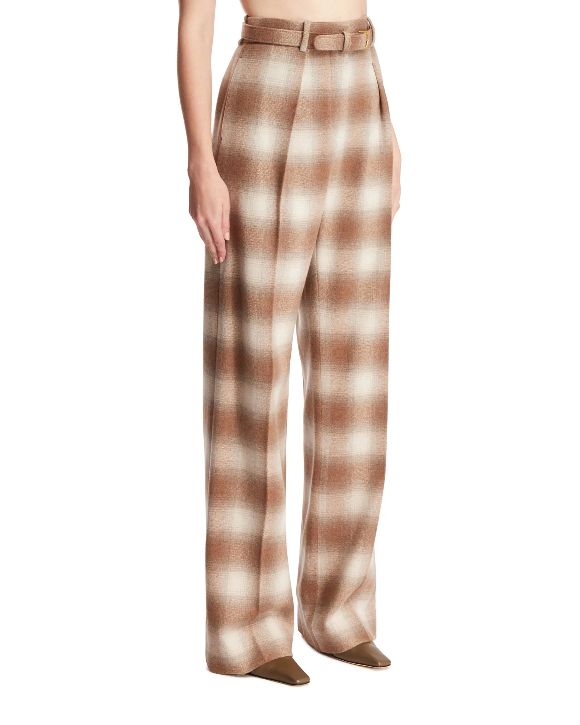 Beige Check Cashmere Trousers