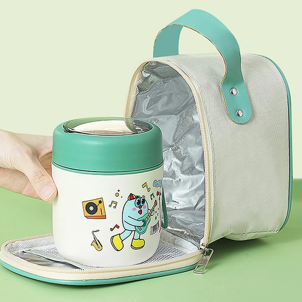 Green Rockstar theme, Stainless Steel Soup/ Salad Tiffin Box  with Insulated Vertical Tiffin Bag with detachable Spoon for Kids.