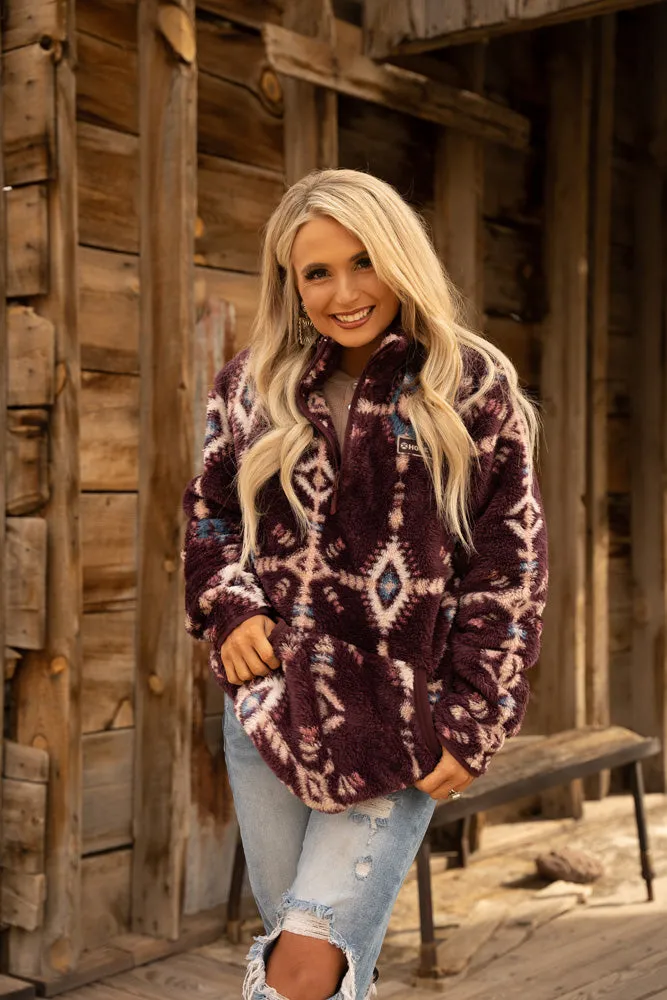 "Ladies Fleece Pullover" Maroon w/Aztec